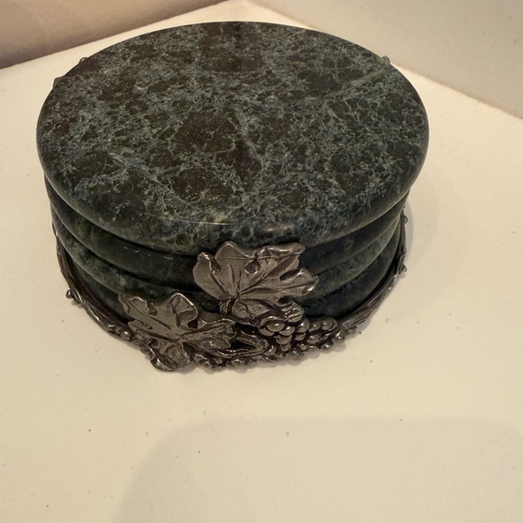 Vintage Seagull Pewter Canada Grape Leaf Marble Stone Coasters Set of 4